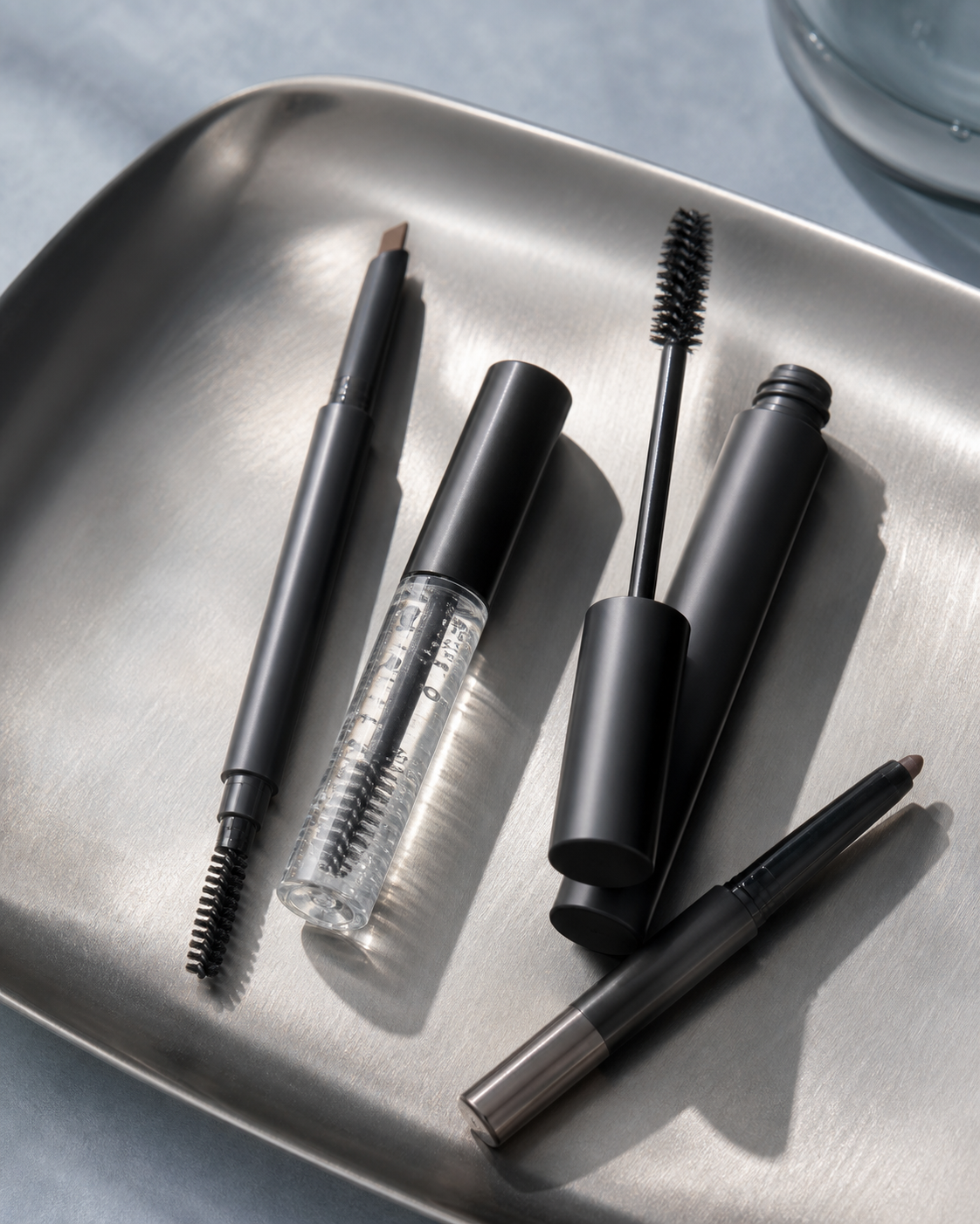 Unbranded brow pencil, clear brow gel, mascara and liner on a metal tray