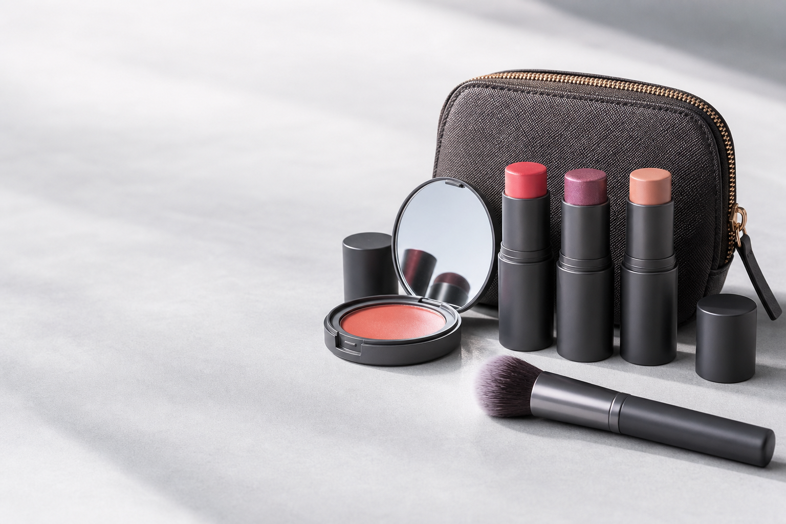 Unbranded compact travel makeup kit with color sticks, a brush and a pouch
