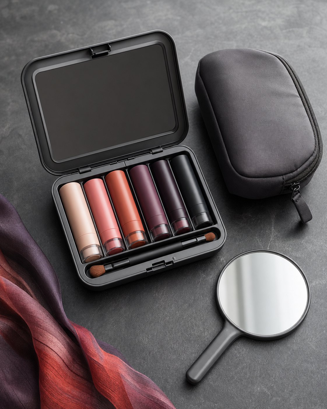 Unbranded compact organizer with refillable cosmetic tubes, pouch and hand mirror