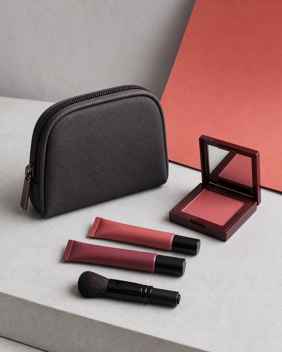 Unbranded makeup pouch, compact, refill tubes and travel brush arranged for comparison