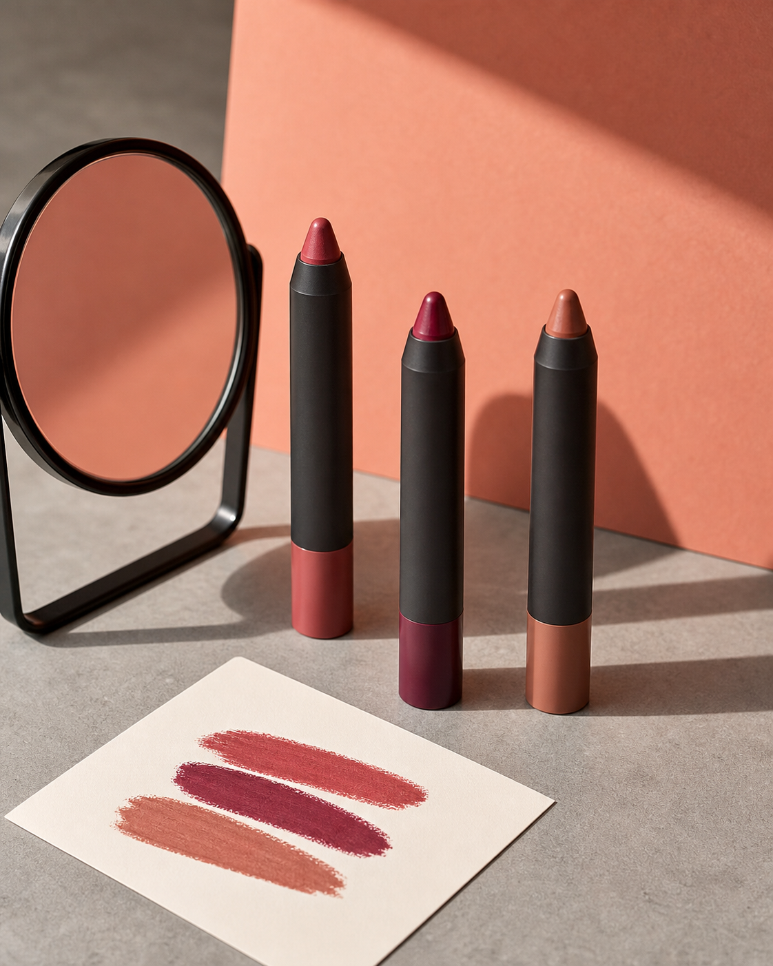 Unbranded lip crayons in rose, berry and nude shades next to a mirror