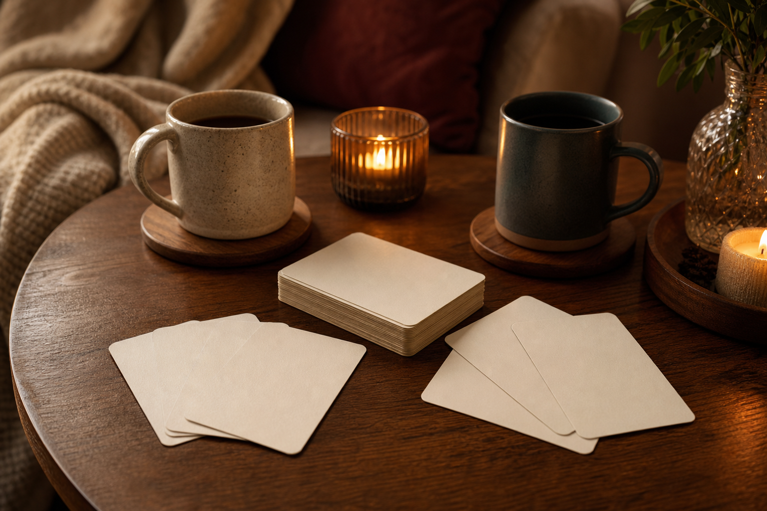 Non-branded boxed card sets and blank cards arranged on a table
