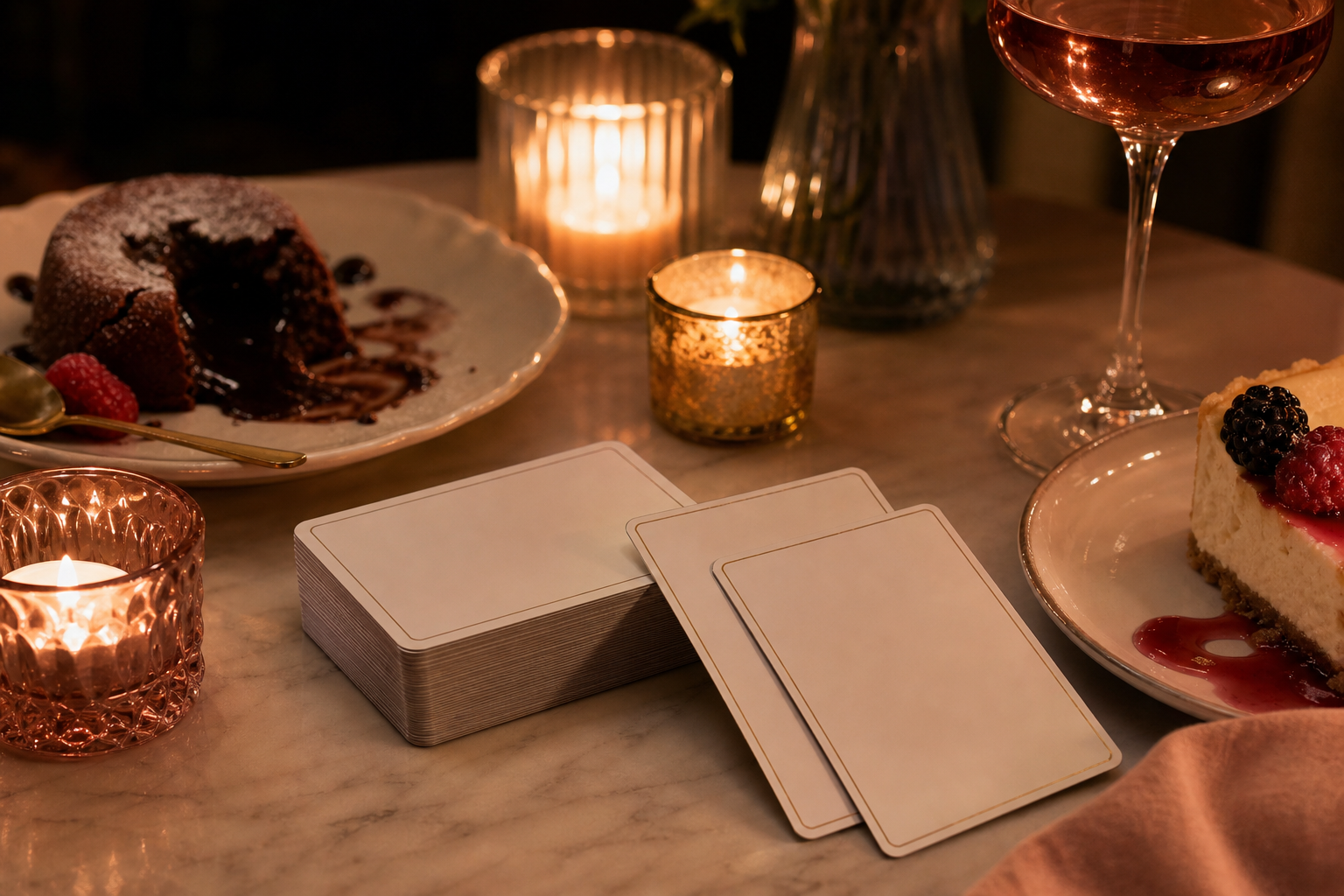 Non-branded conversation cards near candles and a table setting