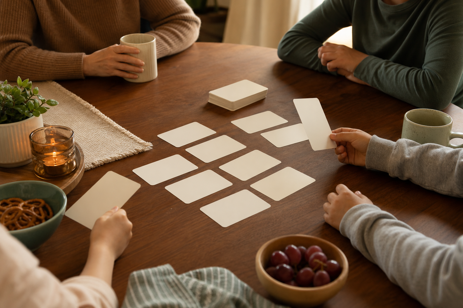Non-branded group table with prompt cards and snacks