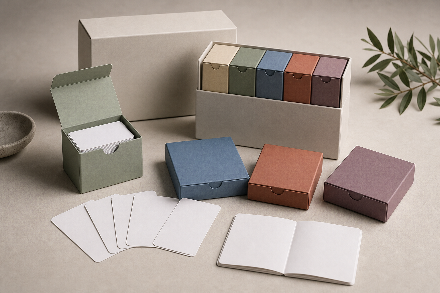 Non-branded blank card box and cards arranged as a gift idea