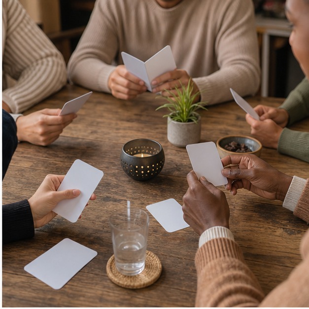 Two people holding blank conversation cards at a table