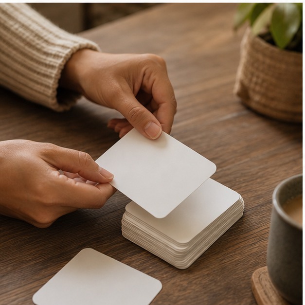Hands arranging blank conversation cards on a tabletop